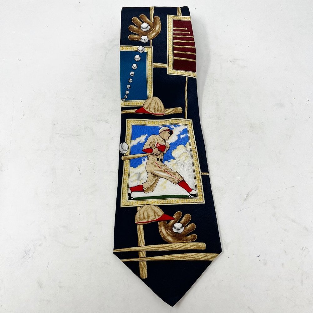 The Saturday Evening Post Men’s Necktie 100% Silk Vntg Baseball Navy Blue